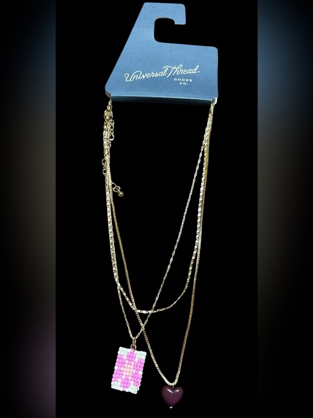 Universal Thread Layered Gold Necklace with Pink Beaded Pendant and Purple Heart